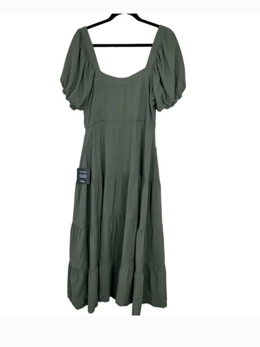 Lulus NEW Puff Sleeve Tiered Midi Dress Sz M Green Army Prairie Cottagecore - Picture 4 of 13
